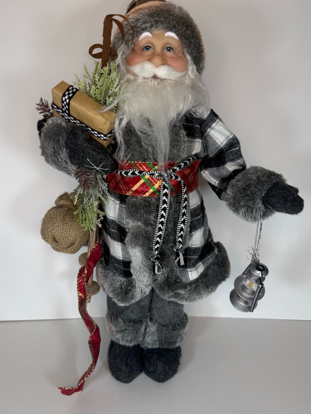 Large 20" Rustic Buffalo Check Santa Claus Figurine Gray Black Plaid with Skis